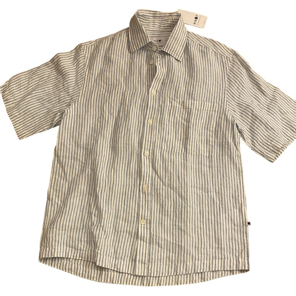 NN07 Men’s linen short sleeve striped button down blue white new small